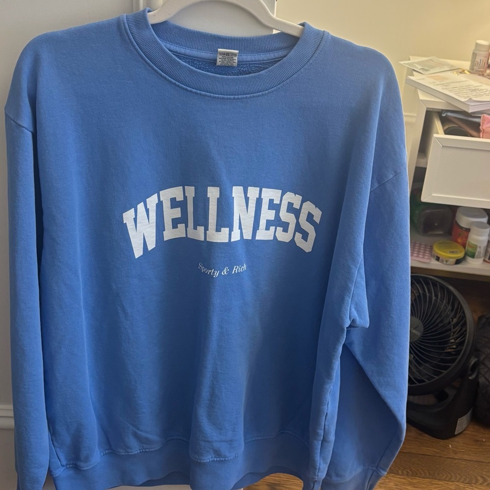 Sporty & Rich Blue "WELLNESS" Crewneck Sweatshirt with White Logo NWOT
